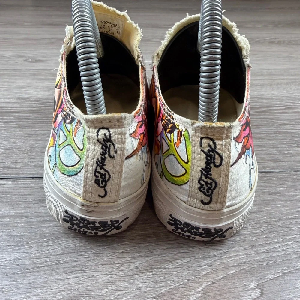Ed Hardy Women Sneaker Slip On Tattoo Graphic Skull Peace White Multi Size 7